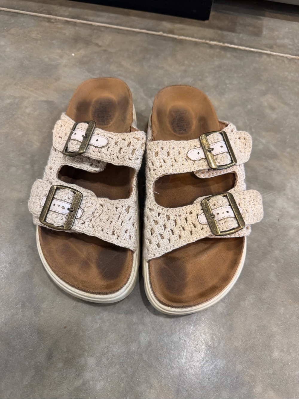 Corky’s Crochet Double-Buckle Slide Sandals in Cream